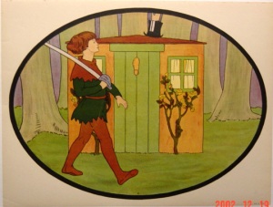 Peter Pan guarding the Wendy House in Neverland. This lithograph is part of a series that was issued in the late twenties or early thirties in England.  